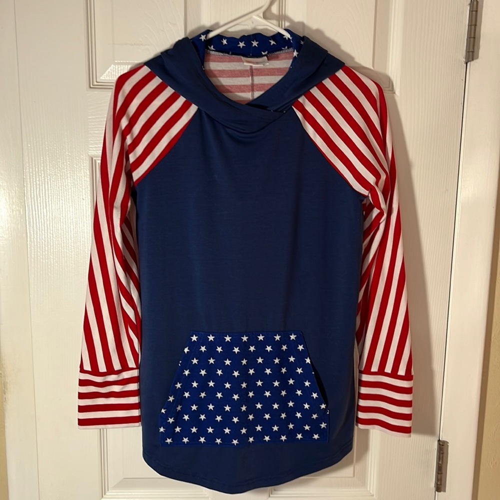 LuLaRoe patriotic USA July stars and stripes long sleeve hoodie pouch pocket S
